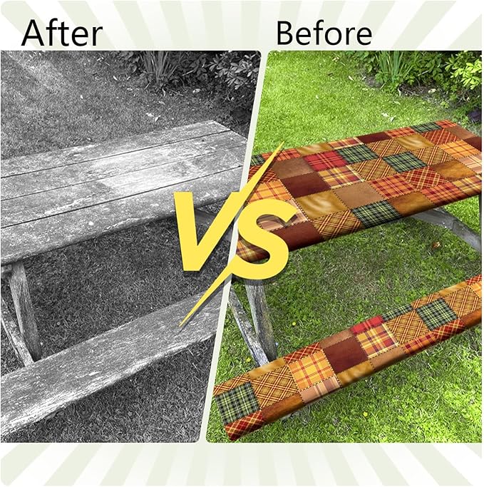 JAWO Picnic Table Covers with Bench Covers Camping Fall Autumn Tablecloth 8FT for 8 Person Fitted Picnic Table Cover with Elastic Windproof Waterproof Fabric, Camping Accessories Patio & Outdoor