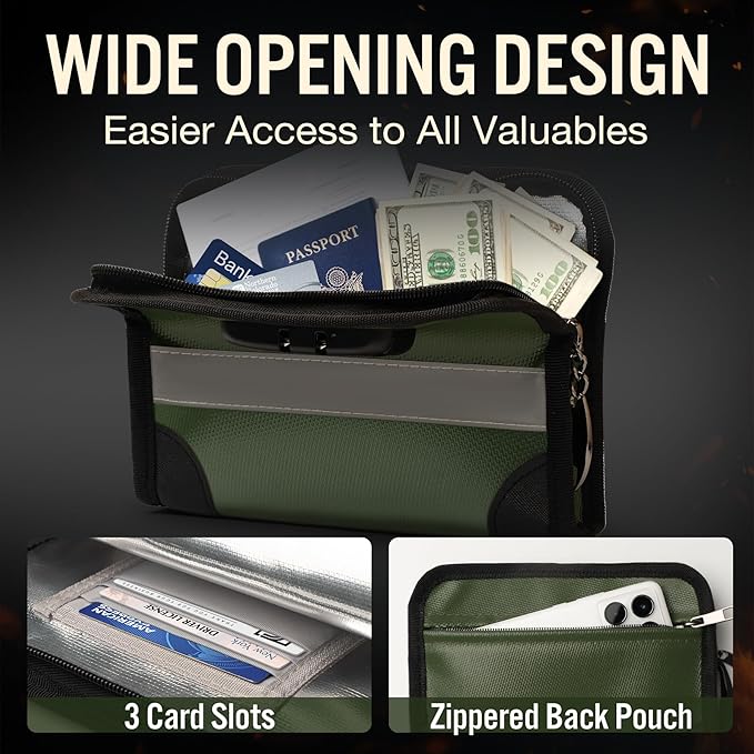 Fireproof Document Bag with Lock and Zipper – Fireproof Money Pouch with Reflective Strip, Wide Opening, Large Capacity (1.57" x 8.66" x 6.3"), Secure Cash, Phones, Cards & Passports – Green, Small