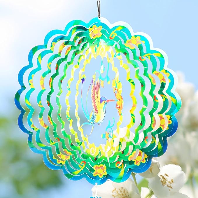 Hummingbird Wind Spinners Garden Yard Decor Gift for Women Men, 12 Inch Outdoor Metal 3D Wind Spinner, Stainless Steel Green Hanging Wind Catchers Kinetic Sculpture for Outside Decoration