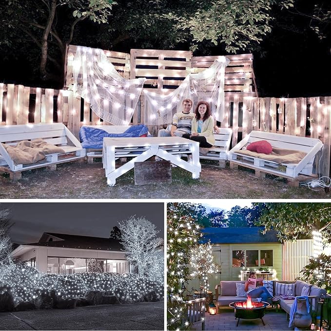 KNONEW 203FT Outdoor Christmas Fairy Lights Plug in,600 LED String Lights Outdoor Waterproof 8 Modes Memory Times for Wedding Bedroom Walls Garden Trees Decoration(Cool White)