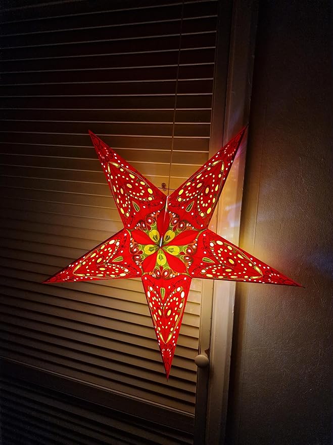 Paper Star Lantern Lampshade Light Shade 60cm Hanging Decorations for Christmas, Wedding, Home, Birthday Party (Glitter Red Green Multi)
