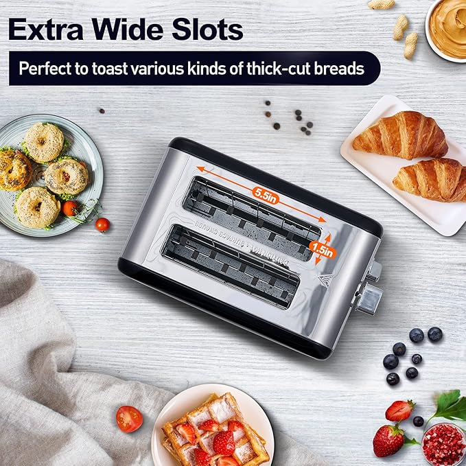 CUSIMAX 2 Slice Stainless Steel Toaster With Large LED Display, 1.5'' Extra-Wide Slots, 6 Browning Settings, Cancel/Bagel/Defrost Function, Removable Crumb Tray, Black