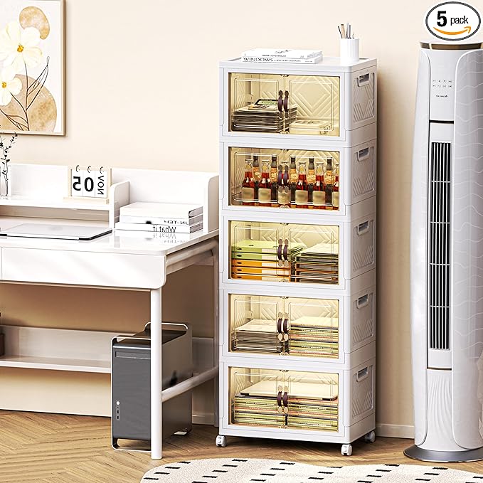 248 QT / 62 Gal Stackable Collapsible Storage Bins (1 Lid) with Magnetic Doors & Wheels - Plastic Cabinet Organizer for Home Office Closet, White Space-Saving Containers