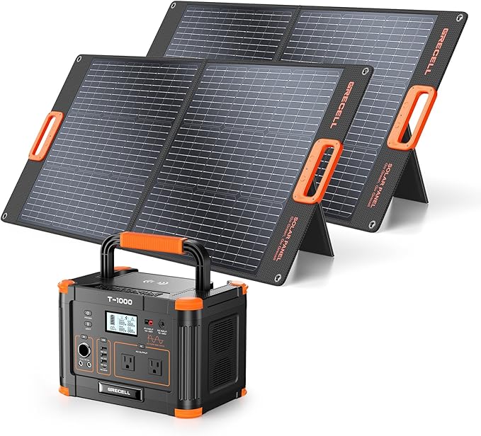GRECELL 1000W Portable Power Station With 2x 100W Solar Panels, 999Wh Backup Lithium Battery, Pure Sine Wave AC Outlet, 60W PD Quick Charge Solar Generator Set for Outdoor Emergency Camping Travel