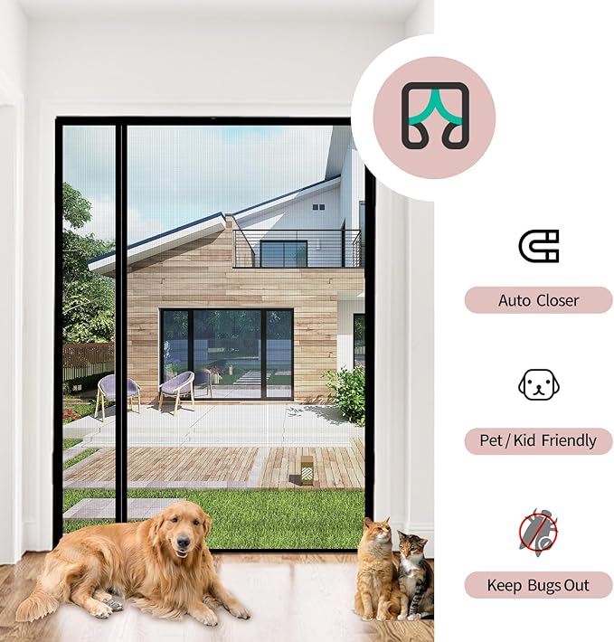 Fiberglass Magnetic Door Screen Fit Door Size 72 x 80 Inch, Sunmoxia Reversible Left or Right Side Opening Durable Reinforced Mesh Curtain, Heavy Duty Screen Door