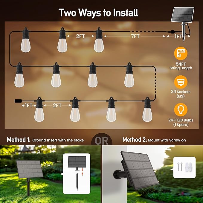 Solar String Lights Outdoor Waterproof 54 FT 24 Sockets 25 LEDs Patio Lighting, USB Charge & Remote Controlled Dimmer Timer, Solar Outdoor Lights for Patio Yard Outside Camping Party 2700K