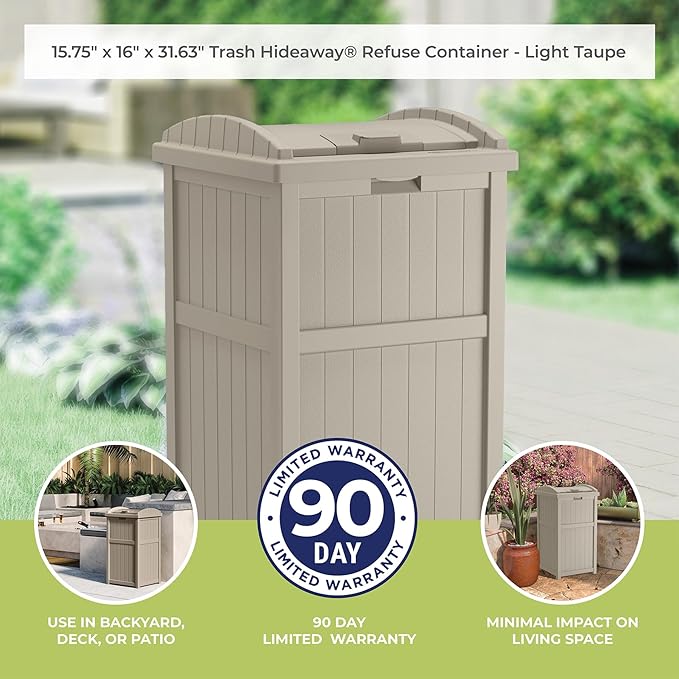 Suncast 33 Gallon Hideaway Trash Can for Patio - Resin Outdoor Trash with Lid - Use in Backyard, Deck, or Patio - Taupe
