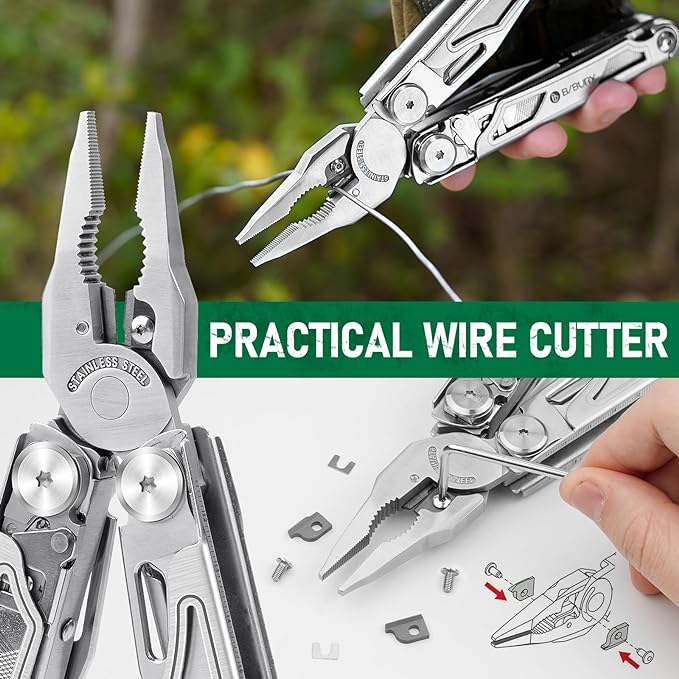 BIBURY Multitool Pliers Pro BI2045, Foldable Multitools with Replaceable Wire Cutters and Saw, Stainless Steel Multi Tool w/Upgraded Scissors and Screwdriver Set, Ideal for Camping, Hiking, Survival