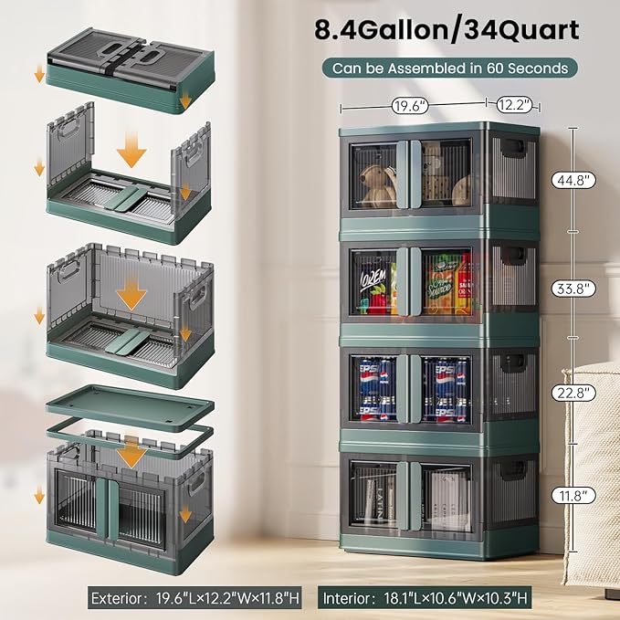 8.4Gal Collapsible Storage Bins with Lids & Wheels - 3 Pack Stackable with Doors, Heavy-Duty Plastic Containers for Home/Office, Green
