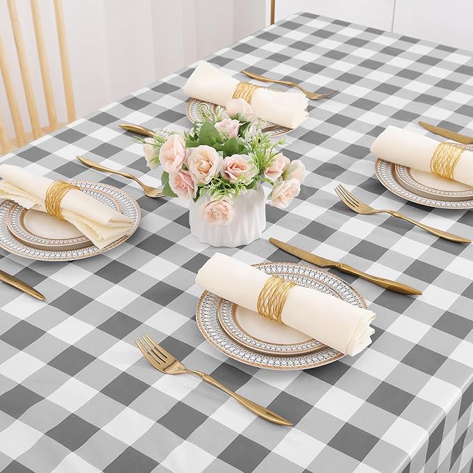misaya Rectangle Waterproof Vinyl Table Cloth, Buffalo Flannel Backed Tablecloth, Wipeable Plastic Table Cover for Dinner, Kitchen, Outdoor (60" x 120", Grey and White)