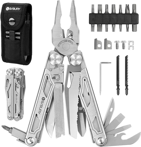 BIBURY Multitool Pliers Pro BI2045, Foldable Multitools with Replaceable Wire Cutters and Saw, Stainless Steel Multi Tool w/Upgraded Scissors and Screwdriver Set, Ideal for Camping, Hiking, Survival