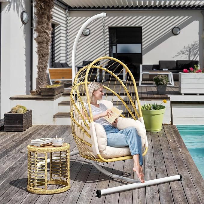 YITAHOME Hanging Egg Chair with Stand, Rattan Wicker Swing Egg Chair with Cushion, 370lbs Capacity, Foldable Hanging Basket Chair for Porch, Garden, Bedroom, Balcony - Beige
