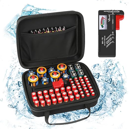 Battery Organizer, Battery Organizer Storage Case with Tester BT-168, Waterproof Battery Holder Box Holds, Battery Case Organizer 60+ AA AAA C D 9V Batteries (Batteries are Not Included)