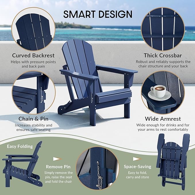 WestinTrends Malibu 2 Piece Set Outdoor Folding Poly Adirondack Chair, Navy Blue