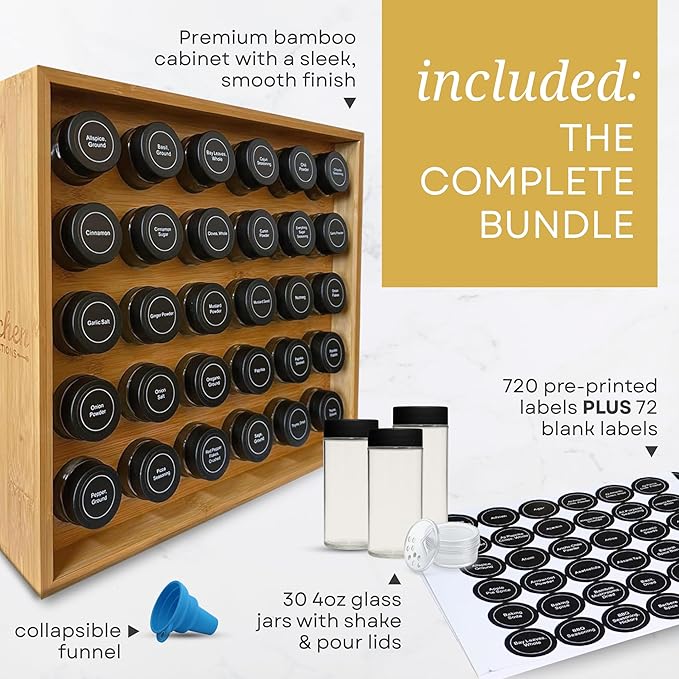 | Bamboo Spice Rack Organizer | 30 4 oz Spice Jars | 720 Labels | Funnel | Cabinet | Countertop | Pantry | Wall Mount