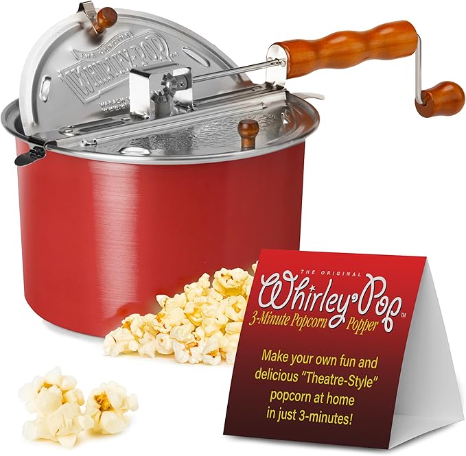 Original Whirley Pop Popcorn Maker - 6 Quart Popcorn Popper, Aluminum Popcorn Maker With Metal Gears, Wabash Valley Farms Stove Top Popcorn Maker, Gourmet Popcorn Pot, Culinary Popcorn Popper (Red)