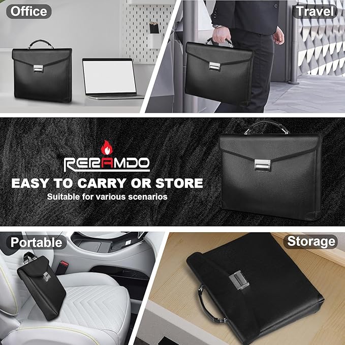 Fireproof Document Bag 14.5"X11"X2.5" Fireproof Money Bag for Cash With Lock and Zipper,Fire&Waterproof Storage Organizer Pouch for Valuables,Legal Document,Laptop,Passport,(Black)