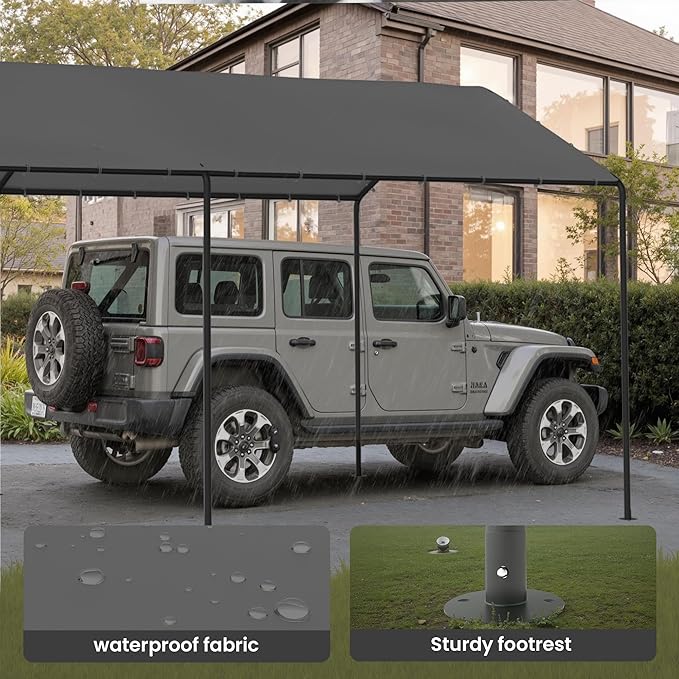 Carport, 10‘ x 20’ Heavy Duty Portable Garage All-Season Car Canopy w/Removable Sidewall & Doors, Carport Canopy Party Tent w/Water-Resistant Tarp for Backyard (Grey, 10' x 20' /no Side)