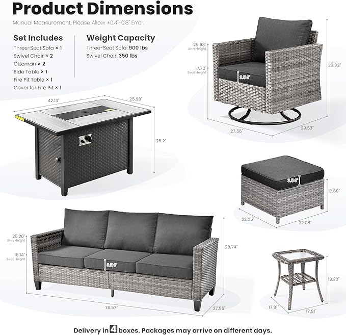 ovios 7 Pieces Patio Furniture Set with 42" Fire Pit Table, Outdoor Wicker Sofa with Swivel Chairs, All Weather High Back Rattan Couch Conversation Set, Black