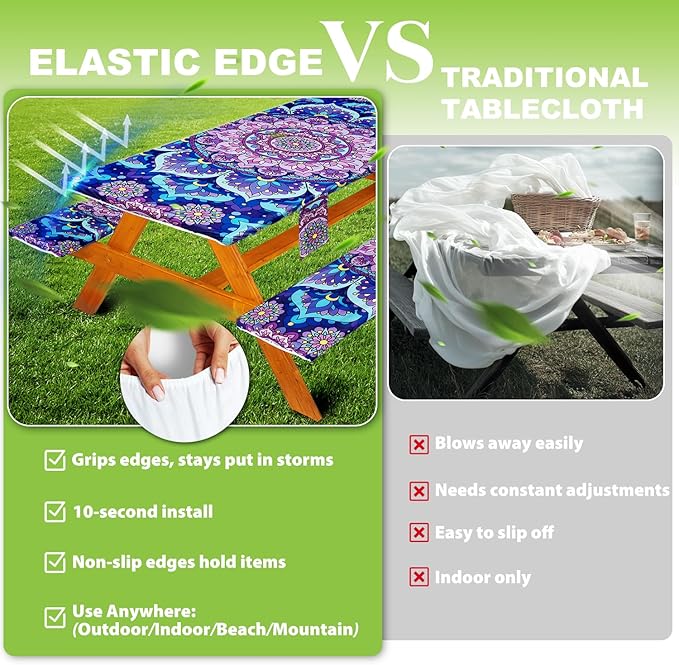 Fitted Picnic Table Cover with Bench Covers Set, Waterproof Lightweight Rectangle 72in Folding Table Cloths Canopy Shade Slipcover Cool Unique Fun Camping Gift for Camper Women Men Family Rv Owners