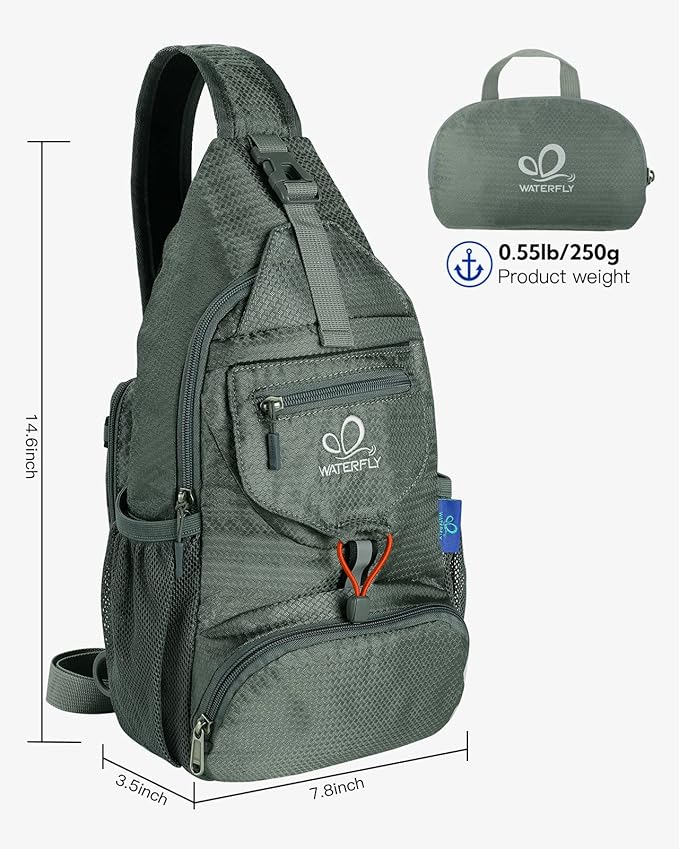 WATERFLY Packable Small Crossbody Sling Backpack Shoulder Chest Bag Daypack for Hiking Traveling
