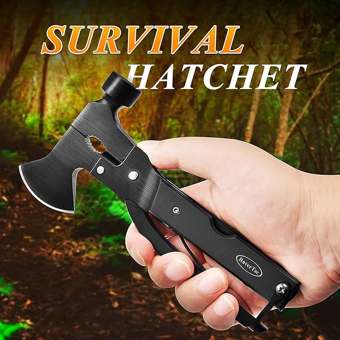 RoverTac 14-in-1 Multitool Camping Axe – Multi Tool with Knife, Hammer, Saw, Screwdrivers, Bottle Opener – Camping Tool with Sheath – Tool Gifts for Men, Dad, Husband, and Outdoor Enthusiasts.