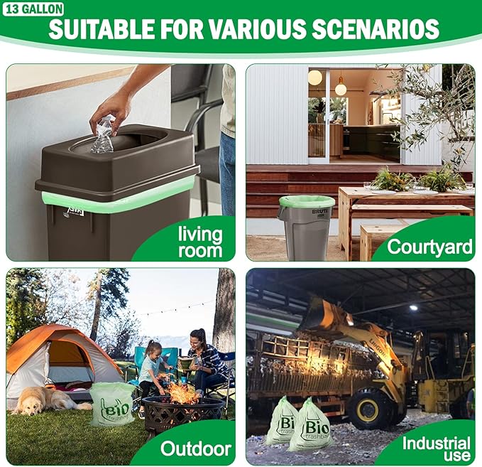 13 Gallon Compostable Trash Bags, Biodegradable Drawstring Compost Food Waste Bags, 50 Count, Heavy Duty 1 Mil, 49.2 Liter, Tall Kitchen Large Garbage Bags, US BPI and Europe OK Compost