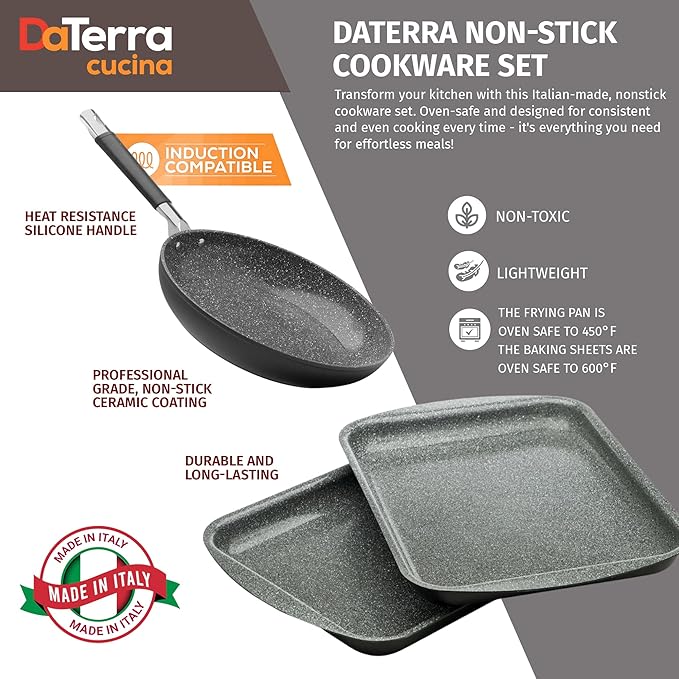 DaTerra Cucina 9.5" Non-stick Ceramic Fry Pan & Twin Baking Sheets Set – Oven Proof, Ideal for Frying, Sautéing, Roasting, and Baking, Made in Italy, Volcanic Black Speckled Design Kitchenware