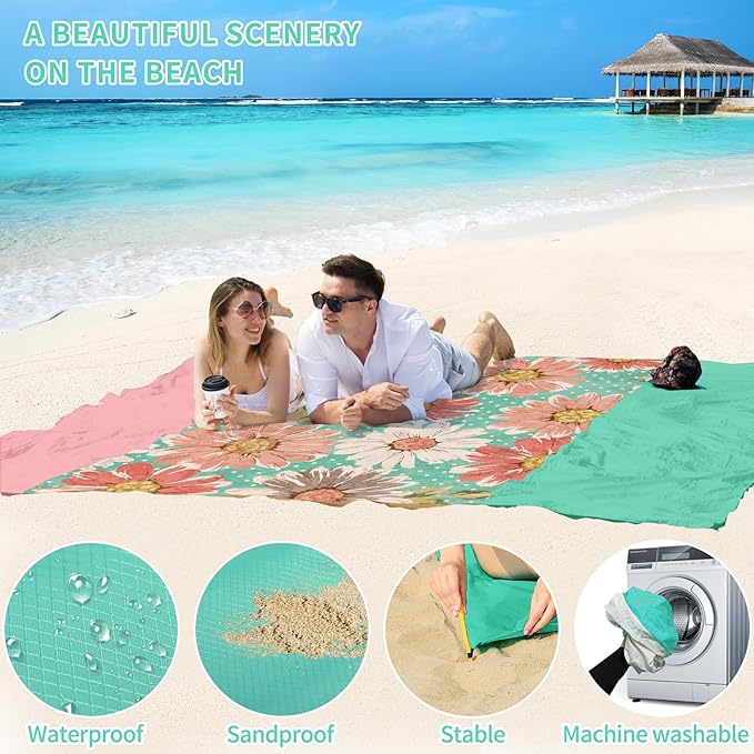 BYDOLL Beach Blanket Waterproof Sandproof 78''×110'' Suits1-7 Adults Compact Lightweight Oversized Sand-Free Blanket Large Picnic Mat for Beach Travel Camping Hiking
