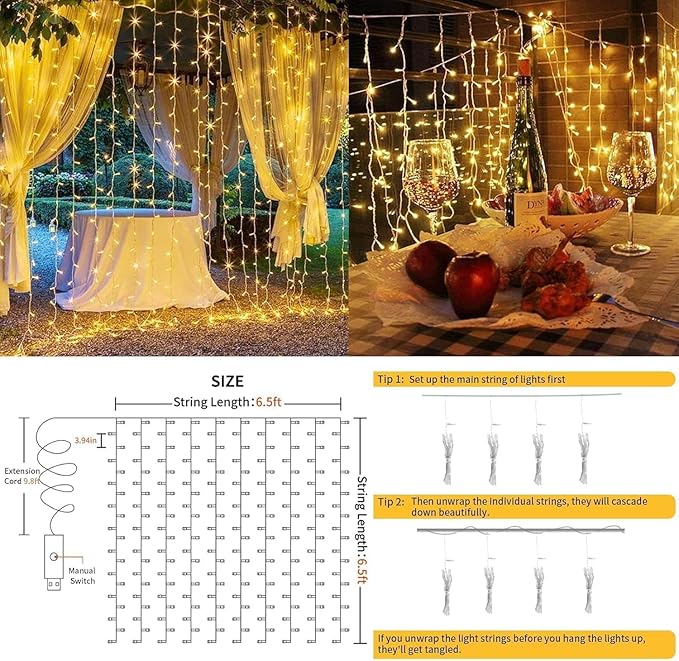 suddus Curtain Lights for Bedroom, 200 Led Hanging String Light Outdoor, Fairy Curtain Lights Indoor for Christmas, Dorm, Wall, Backdrop, Window, Wedding, Party, Birthday Decor, Warm White