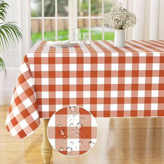 misaya Rectangle Waterproof Vinyl Table Cloth, Buffalo Flannel Backed Tablecloth, Wipeable Plastic Table Cover for Dinner, Kitchen, Picnic, (60" x 120", Rust and White)