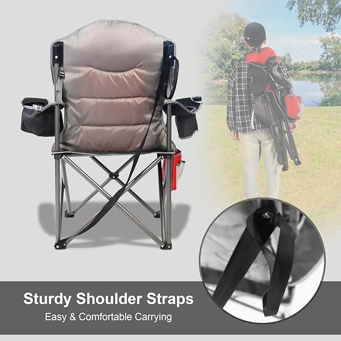 Northroad Oversized Camping Chair, Full Padded Outdoor Folding Chair Support 350 LBS, Heavy Duty Lawn Chair w/Cup Holder, Cooler Bag, Shoulder Straps for Adult-Blue