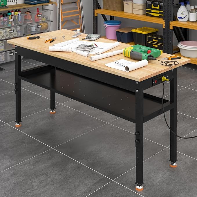 48"/60'' Adjustable Workbench, Rubber Wood Top Work Bench Heavy-Duty Work Table w/Power Outlet, Partition,2000 LBS Load Capacity Work Benches for Garage, Workshop, Home, Office, Easy Assembly
