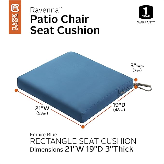 Classic Accessories Ravenna Water-Resistant 21 x 19 x 3 Inch Patio Seat Cushion, Empire Blue, Chair Seat Cushion
