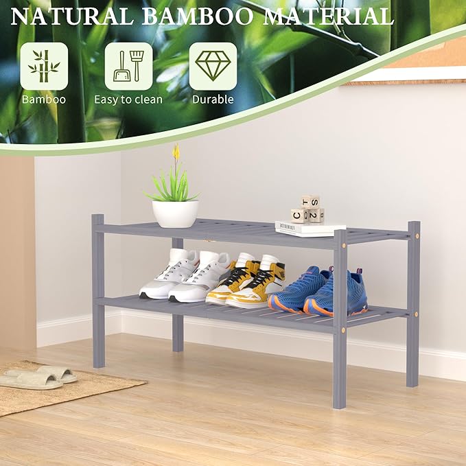 2 Tier Bamboo Shoe Rack for Closet Free Standing Wood Shoe Shelf for Entryway Small Space Stackable 27"x11"x13" (Grey)