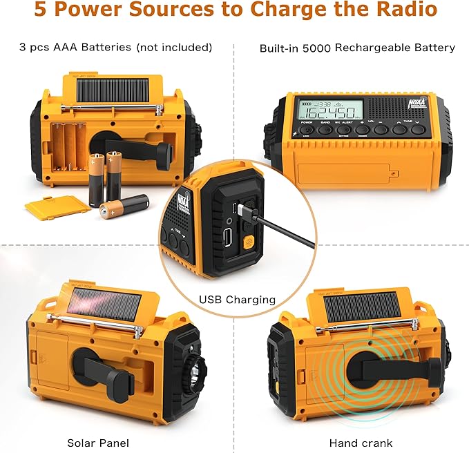 Auto NOAA Emergency Weather Radio, Solar Hand Crank Radio,Portable Battery Operated Emergency Radio with AM FM Shortwave,USB Charger,LED Flashlight,Clock, SOS Alert for Home Outdoors Camping Survival