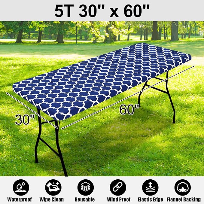 Smiry Rectangle Picnic Table Cover, Waterproof Elastic Fitted Camping Tablecloths for 5 Foot Tables, Wipeable Flannel Backed Vinyl Tablecloth Protector for Indoor, Outdoor (Navy, 30x60 Inches)