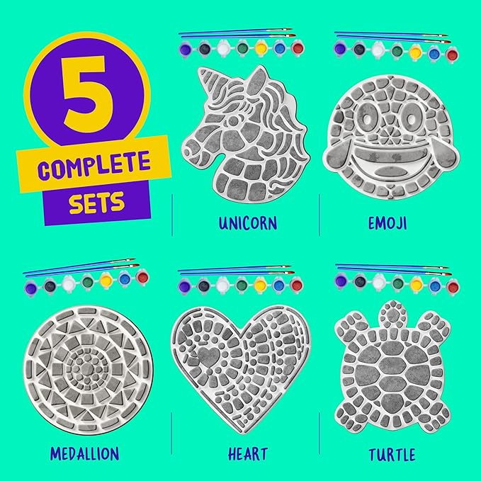 Dan&Darci Stepping Stones Painting Kit for Kids - Outdoor Crafts - Paint 5 Garden Stone - Unicorn Craft Kits for Boys, Girls Ages 6-12 - Gifts for Boy, Girl Age 6, 7, 8, 9, 10 + Year Old - Summer Gift