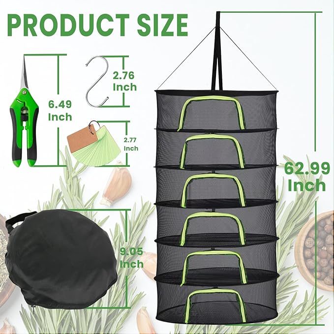 6 Layer 24" Herb Drying Rack Hanging with Garden Pruning Shears, Large Zipper, Hook & Notepad, Foldable Drying Rack for Herbs, Spices & Seasonings, Hanging Herb Dryer Indoor & Outdoor