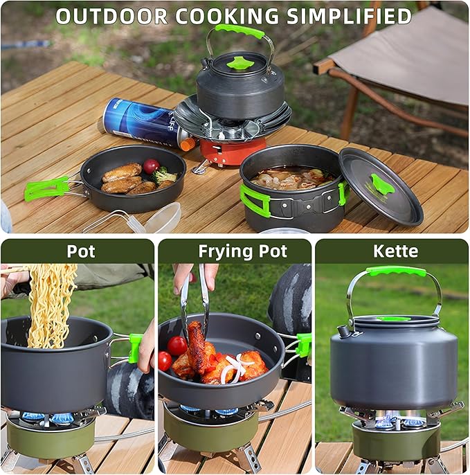 aiGear 3pcs Camping Cookware Mess Kit, Non-Stick Camping Pan Pot Kettle, Lightweight Aluminum, Collapsible Portable Camping Cooking Set for Outdoor Cooking Hiking Picnic