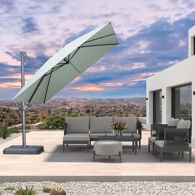 PURPLE LEAF 10 FT Cantilever Patio Umbrella Outdoor Aluminum Offset Square Umbrella with 3 Years Fade Resistance Recycled Fabric and 360-degree Rotation for Deck Pool Garden, Mint Green