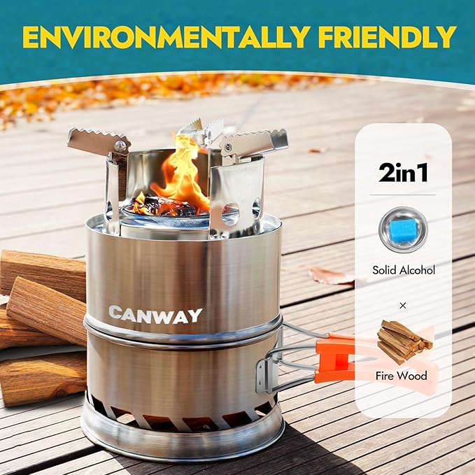 CANWAY Camping Stove, Portable Stainless Steel Wood Burning Survival Stove with Nylon Carry Bag for Outdoor Backpacking Hiking Traveling Picnic BBQ