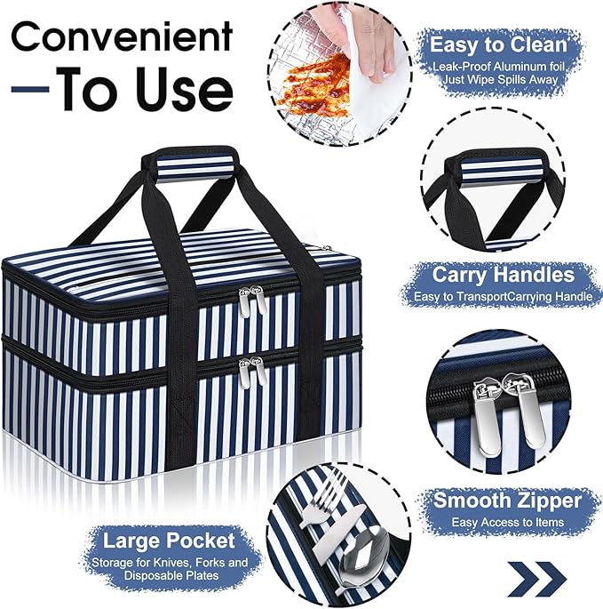 Double Insulated Casserole Carrier, Portable Casserole Carrier for Hot or Cold Food Lunch Tote Warmer or Cooler Bag, Lasagna Lunch Bag for Potluck Parties- Fits 9" x 13" Baking Dish-Blue Stripes