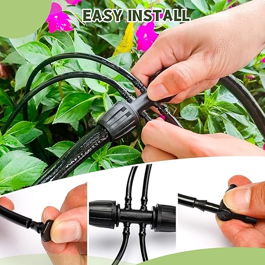 100FT 1/4 Inch Drip Irrigation kit Tubing Distribution Hose Tube for Garden Drip Irrigation System (Includes 2 Pack 6-Way Connector and 20pcs 1/4" Tee Splitters and End Plugs)
