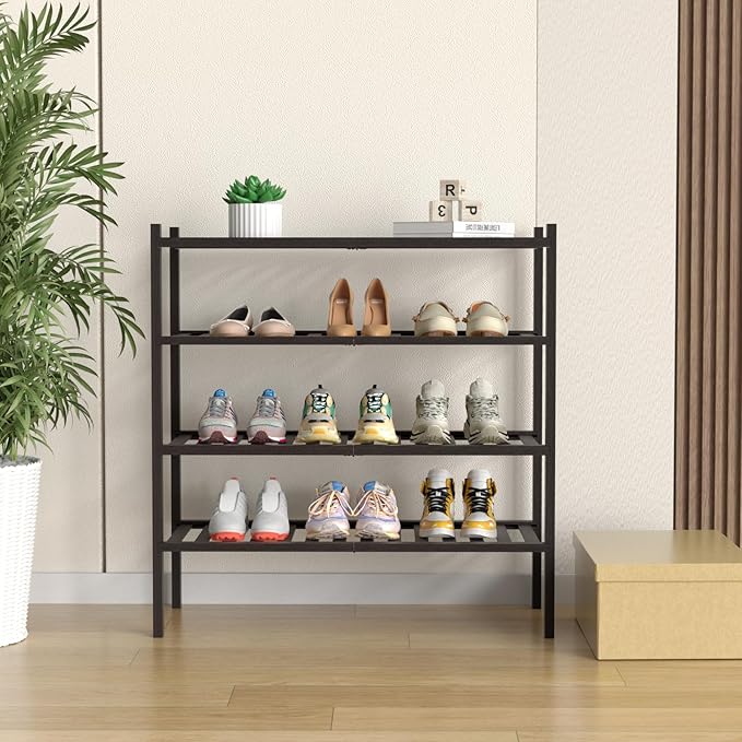 4 Tier Bamboo Shoe Rack for Closet Free Standing Wood Shoe Shelf for Entryway Small Space Stackable 27"x11"x26" (Brown)