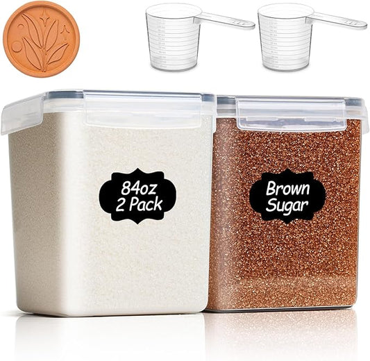 ComSaf Brown Sugar Container Set of 2 (2.5L/84Oz), Airtight Food Storage Containers with Lids and Terra Cotta Brown Sugar Saver, Plastic Canisters Sets for Kitchen, Pantry Organizers for Flour, Baking