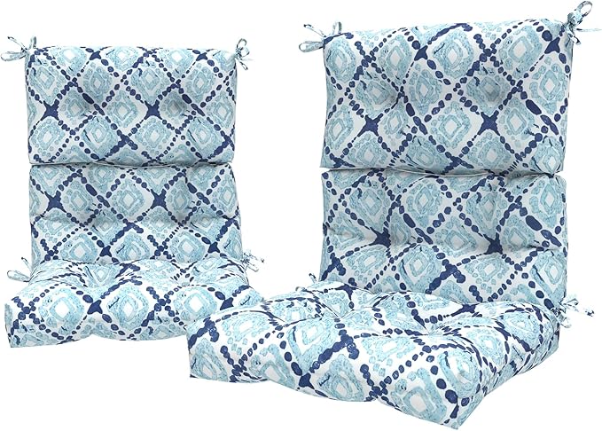 LVTXIII Outdoor Tufted High Back Cushions Set of 2 Patio Seasonal Replacement Rocking Chair Cushion with Ties, Solid Seat and Back Chair Cushion, (44” L x 22W”, Boho Geometry Blue)