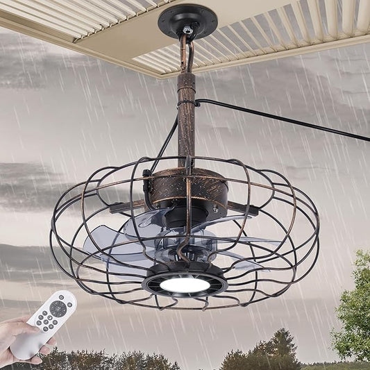 Outdoor Ceiling Fans with Light for Patios Gazebo, 15" Weatherproof Plug in Ceiling Fan, Gazebo Fan Remote, 3CCT Dimmable,Caged Ceiling Fan with Hanging Hook for Porch, Pergola,Canopy, Classical Black