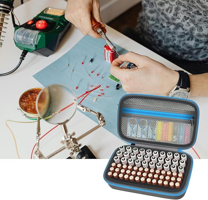 Battery Organizer Storage Holder Case Box for 69+ Batteries AA AAA C Cell 9V 3V Lithium - No Tester Included (Blue)
