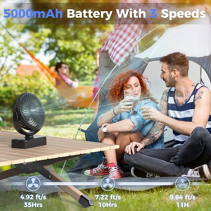 Camping Fan with LED Lantern - Rechargeable Battery Operated Fan, 35H Run Time Max, 3 Speeds, Portable Desk Fan with Hook for Tent Car RV Outdoor Emergency Outage Hurricane